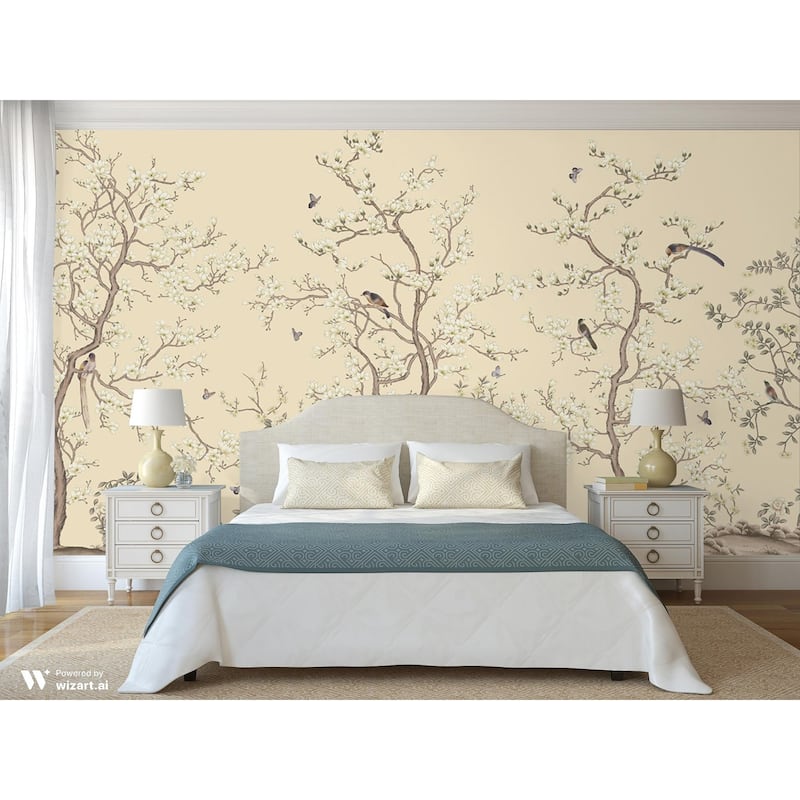 Serene Blossom Hand-Illustrated Chinoiserie Wallpaper Mural