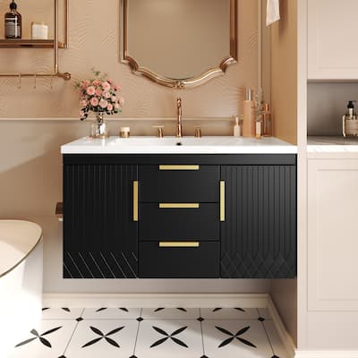 36''Floating Bathroom Vanity - Solid Wood Wall-Mounted Cabinet with Resin Sink & 2 Soft-Close Drawers.