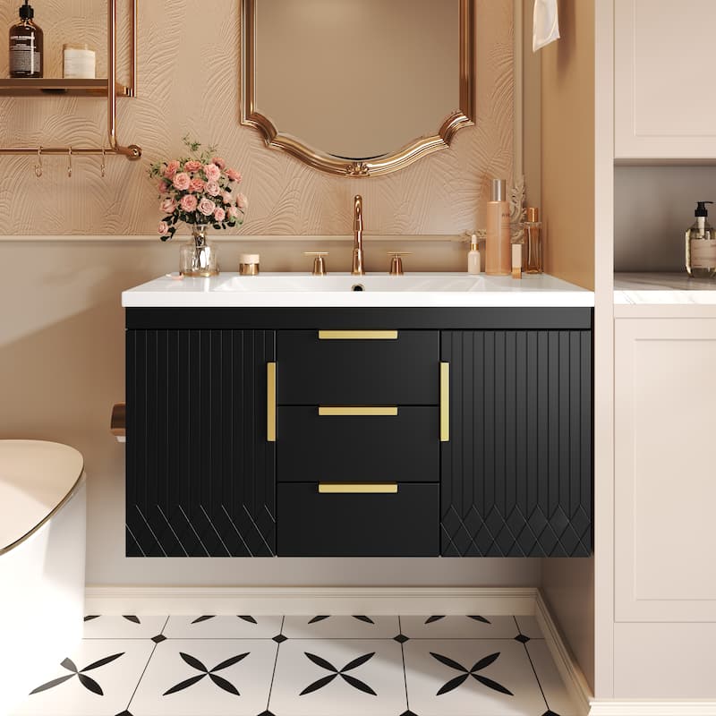 Roomfitters 36" Floating Vanity with Resin Sink, Wall Mounted Cabinet with 2 Drawers, Solid Wood Bathroom Storage Unit, Black