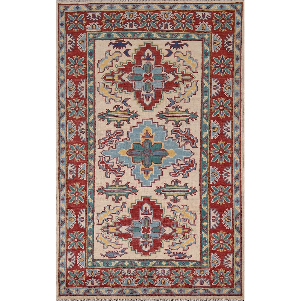 Geometric Kazak Oriental Accent Rug Entryway Handmade Wool Carpet - 3'4" x 5'0"
