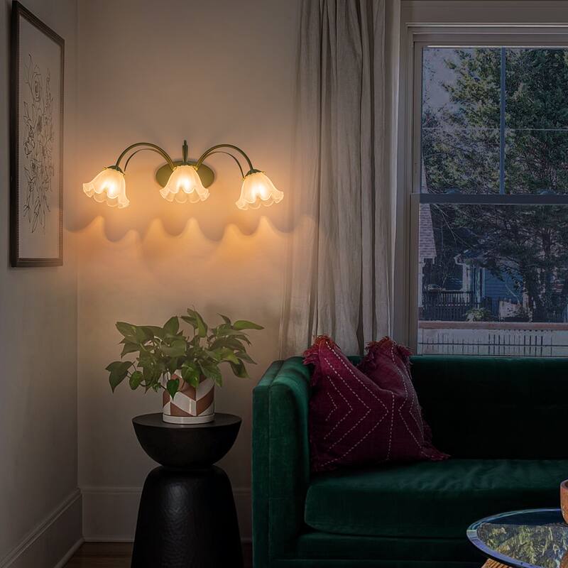 Green Metal Flower Frosted Glass Wall Sconce for Bathroom Vanity