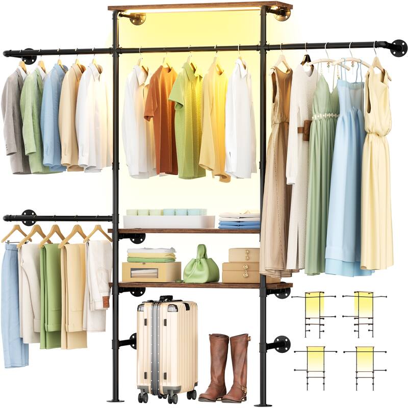 87"W Industrial Pipe Clothing Racks with LED Lights & Open Shelves,Reversible Walk-in Closet Oraganizer System Garment Racks