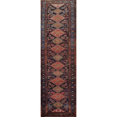 Hand Knotted Oriental 100% Wool Carpet Traditional Geometric Navy Blue & Blues Heriz (serapi) Runner Rug - 16' 4'' X 4' 0''