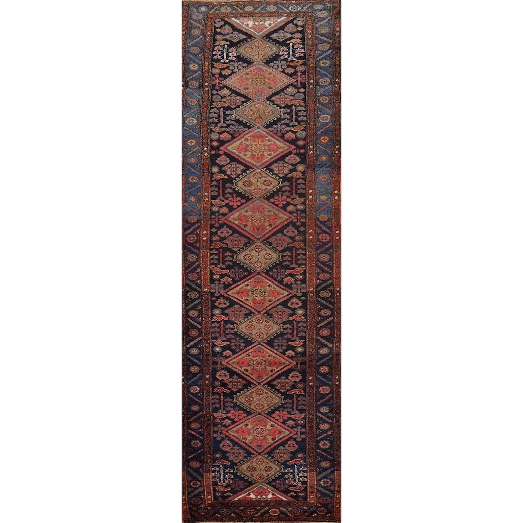 Hand Knotted Oriental 100% Wool Carpet Traditional Geometric Navy Blue & Blues Heriz (serapi) Runner Rug - 16' 4'' X 4' 0''