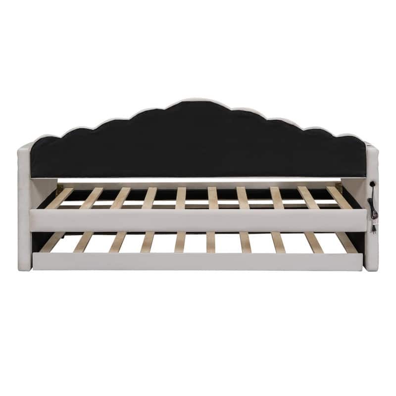 Twin Size Velvet Upholstered Daybed with Trundle,USB Charging Ports