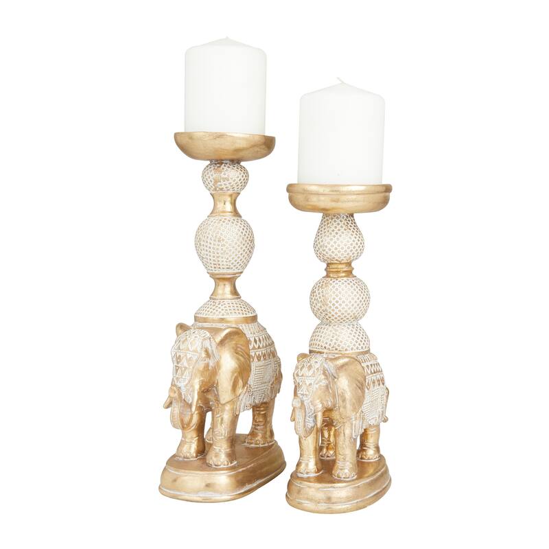 White Polystone Elephant Candle Holder with White Wash Finish (Set of 2) - 7 x 4 x 13