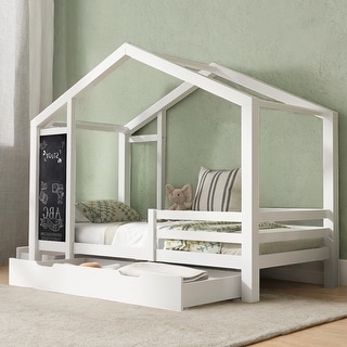 Twin House Kids Bed Frame with Blackboard & Drawers, Two Assembly Methods, White