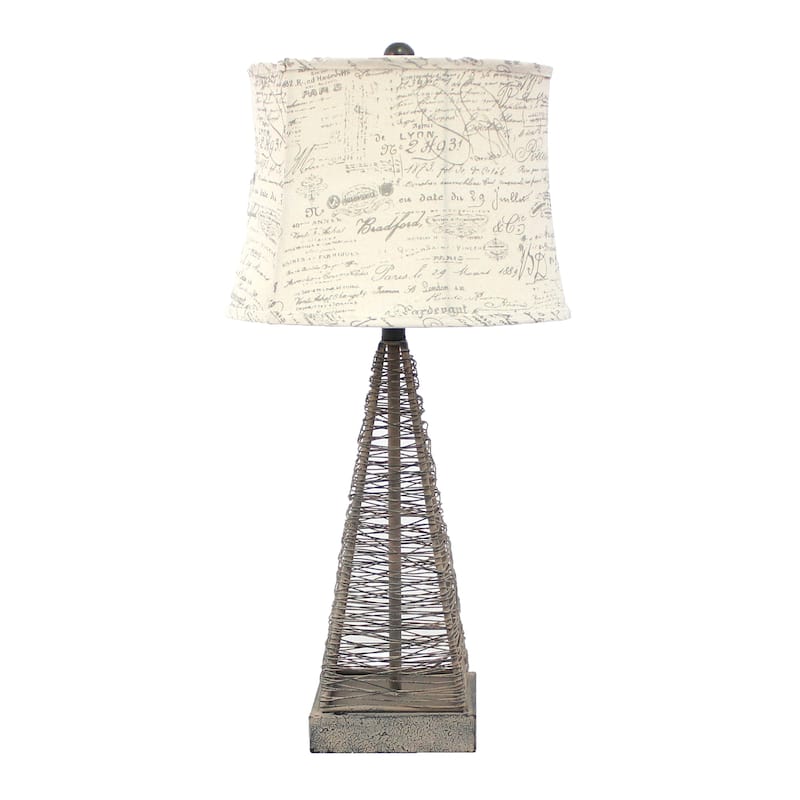 Metal Pyramid Base Table Lamp Set of 2 with Wire Design and Scripted Shade, Gray