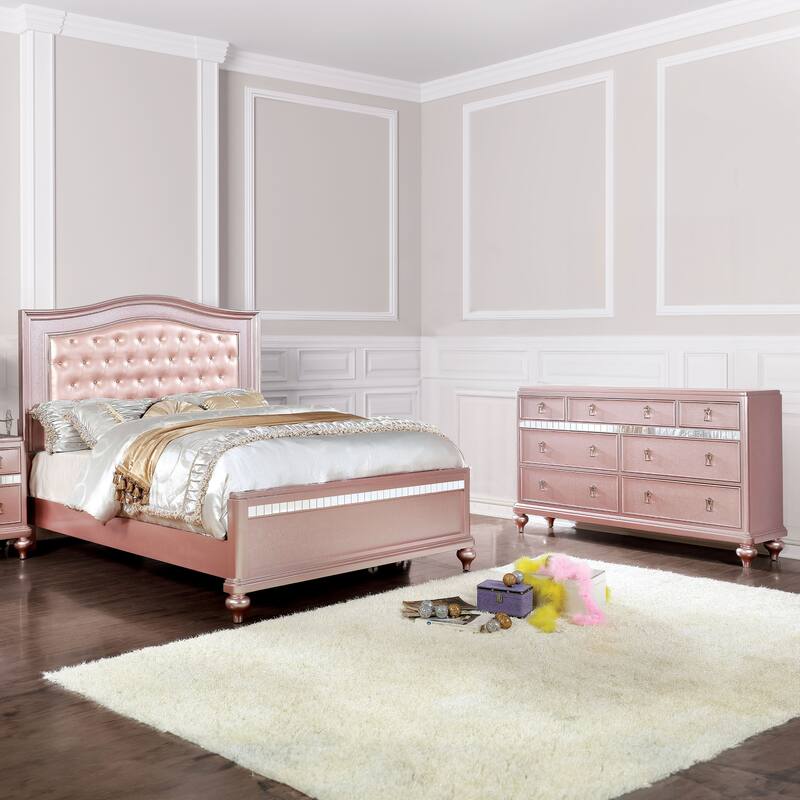 Furniture of America Gibson Modern 2-Piece Rose Gold Faux Leather Tufted Headboard Kids Panel Bed and Dresser Set