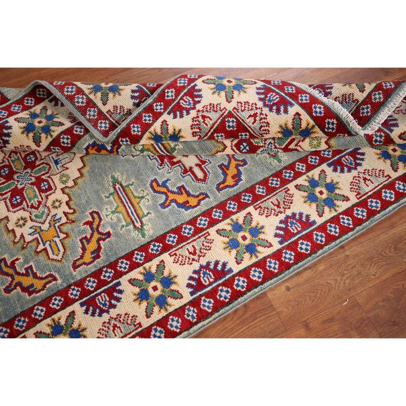Geometric Kazak Foyer Rug Hand-Knotted Blue Wool Carpet - 3'4" x 4'9"