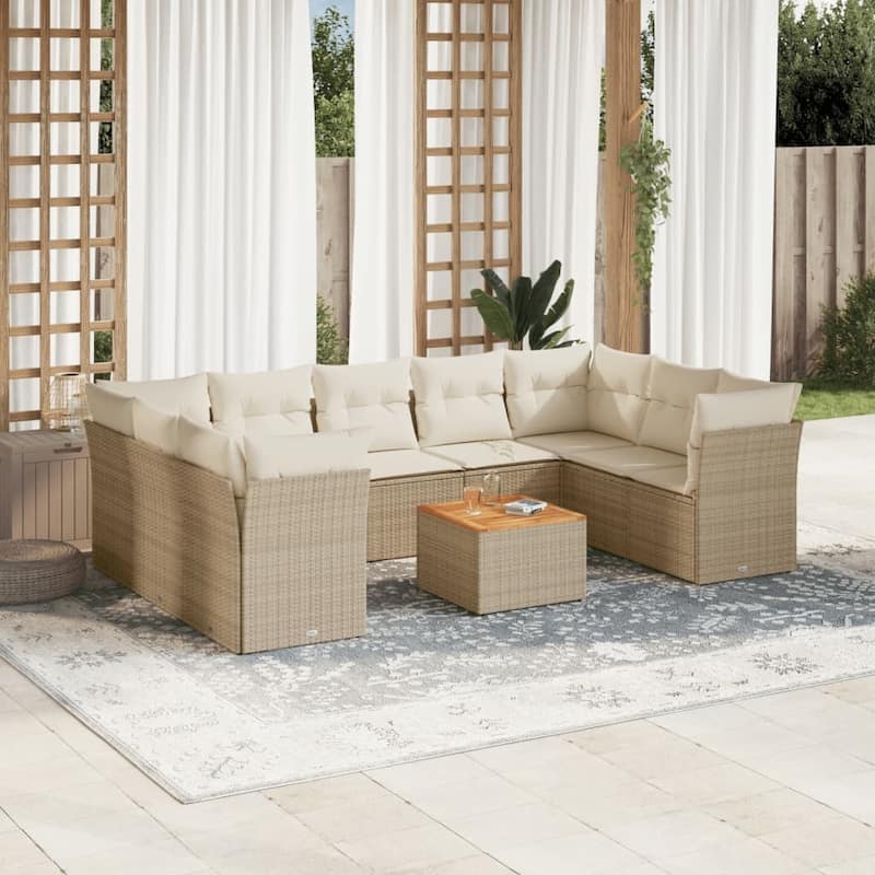 vidaXL Patio Sofa Set with Cushions Outdoor Furniture 10 Piece Poly Rattan - 21.7 x 21.7 x 14.6 - Beige