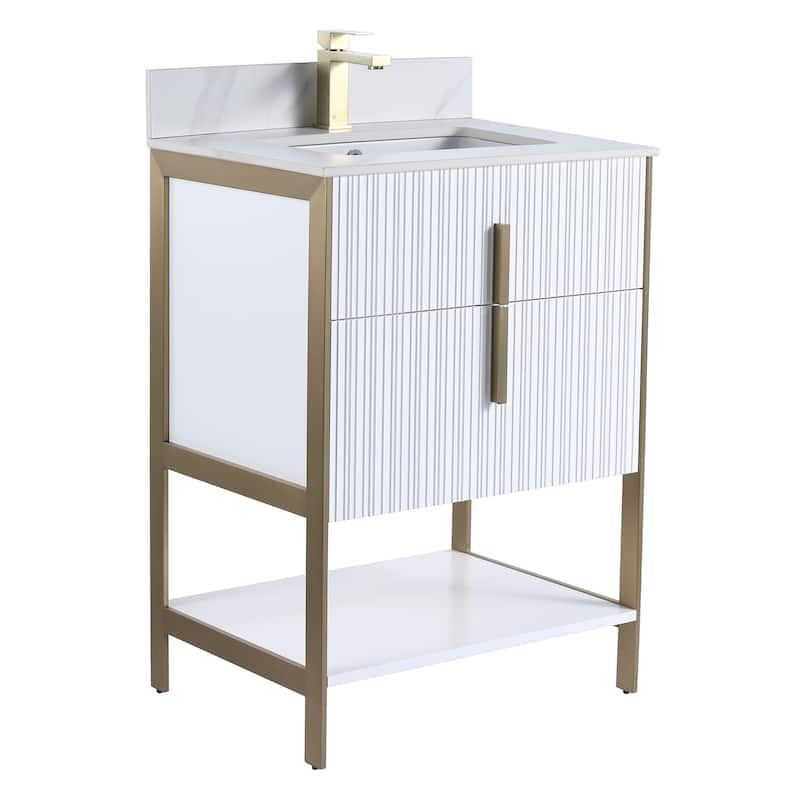 Fine Fixtures Serenity Modern Bathroom Vanity with White Carrara Stone Top - White Matte - Brass Hardware - 24 inch