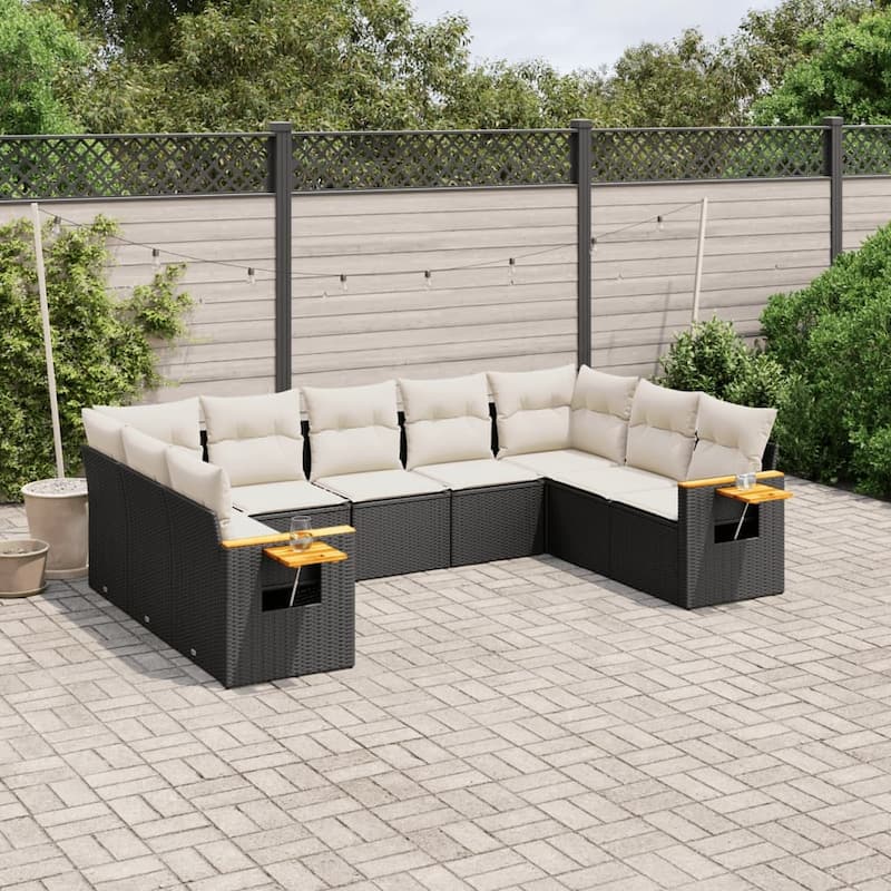 vidaXL Patio Sofa Set with Cushions Outdoor Conversation Furniture Poly Rattan - Black and cream without table - 24.4 x 24.4 x 27.2 in