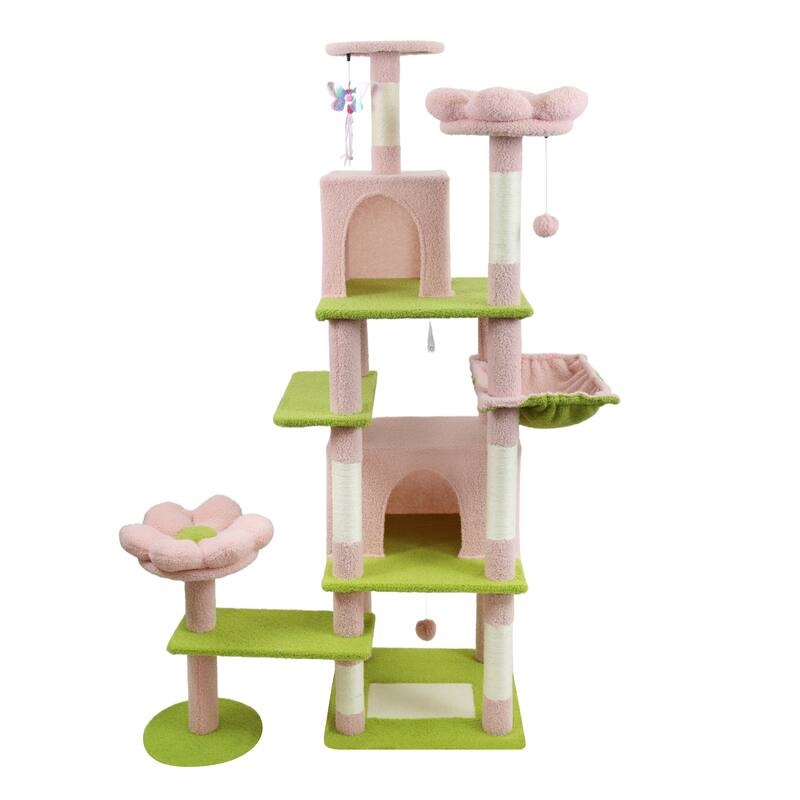 71 inch Flower Cat Tree With large Condo Removable Flower Cushion and Hammock - Pink