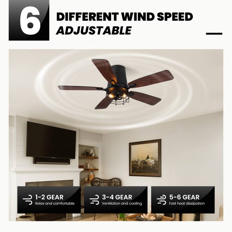 Modern Black Low Profile Small Caged Ceiling Fan with Light and Remote