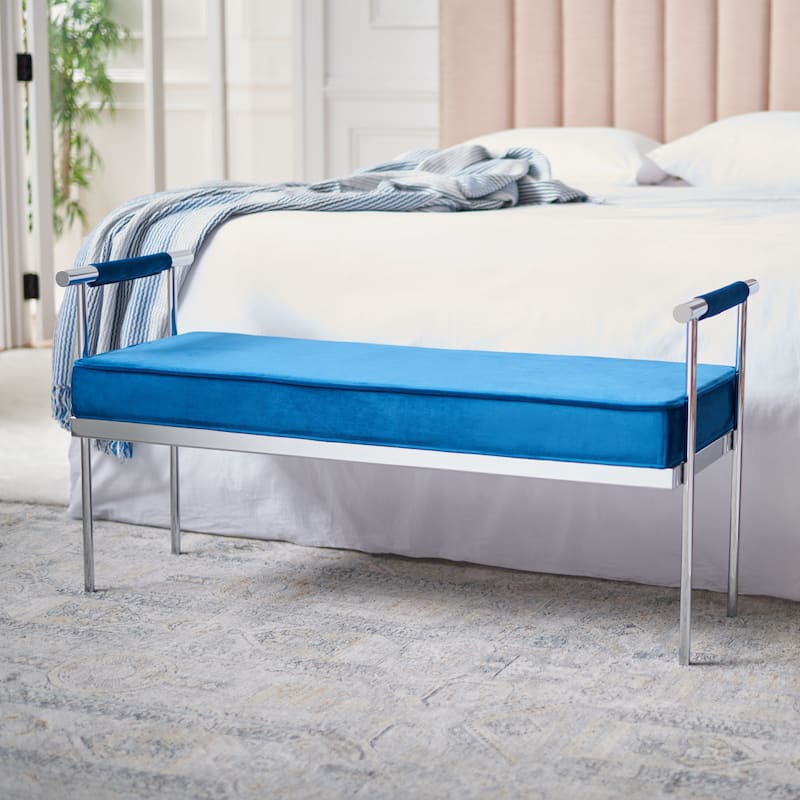 SAFAVIEH Pinkey Glam Long Rectangle Cushion Bench with Arms - 48" W x 17.3" L x 24.8" H - 48Wx17Dx25H - Navy/Chrome