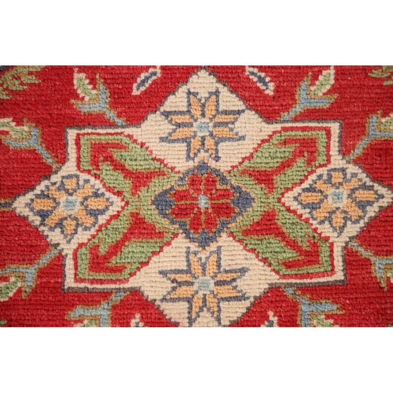 Red Geometric Kazak Accent Rug Handmade Oriental Wool Carpet - 2'11"x 4'3"