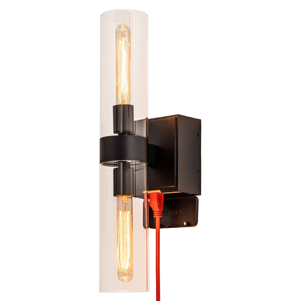 2-Light Black Wall Sconce with GFCI Outlet and Clear Glass Tubes