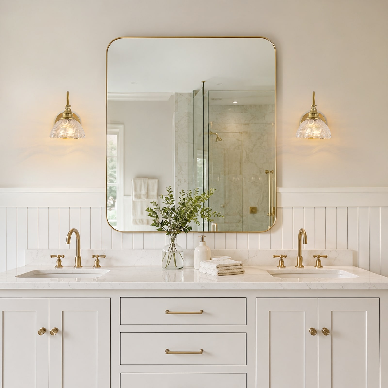 2-Light Modern Vanity Lights Wall Sconce Clear Wavy Glass Shades
