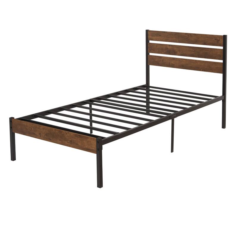 Wood Platform Bed Frame with Headboard and Metal Frame