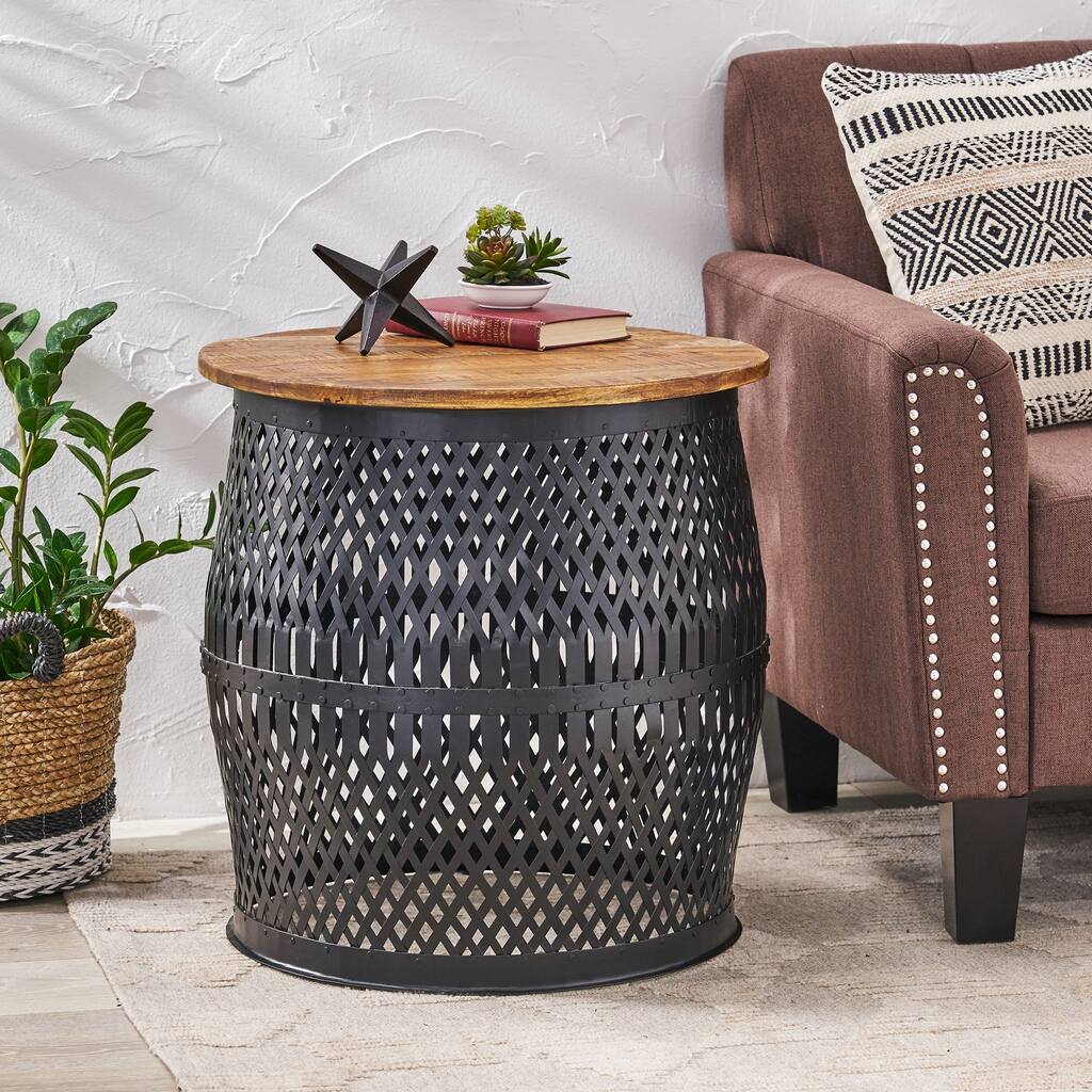 22" Modern Handcrafted Designed End Table with Wood Tabletop and Iron Frame