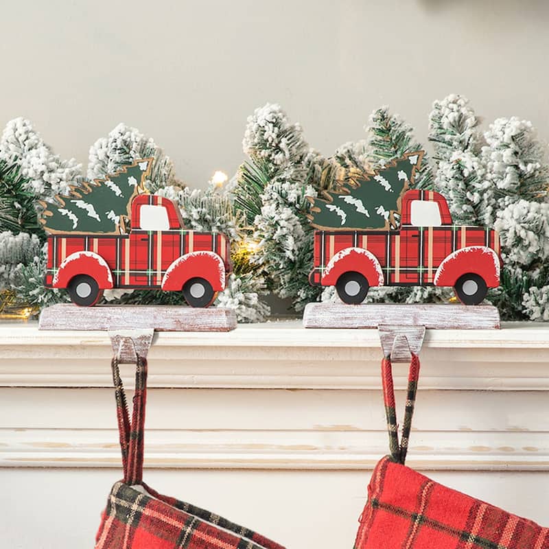 Glitzhome Christmas Dachshund Reindeer Red Car Stocking Holders Rustic Mantel Ornament - 2 PK "Truck"