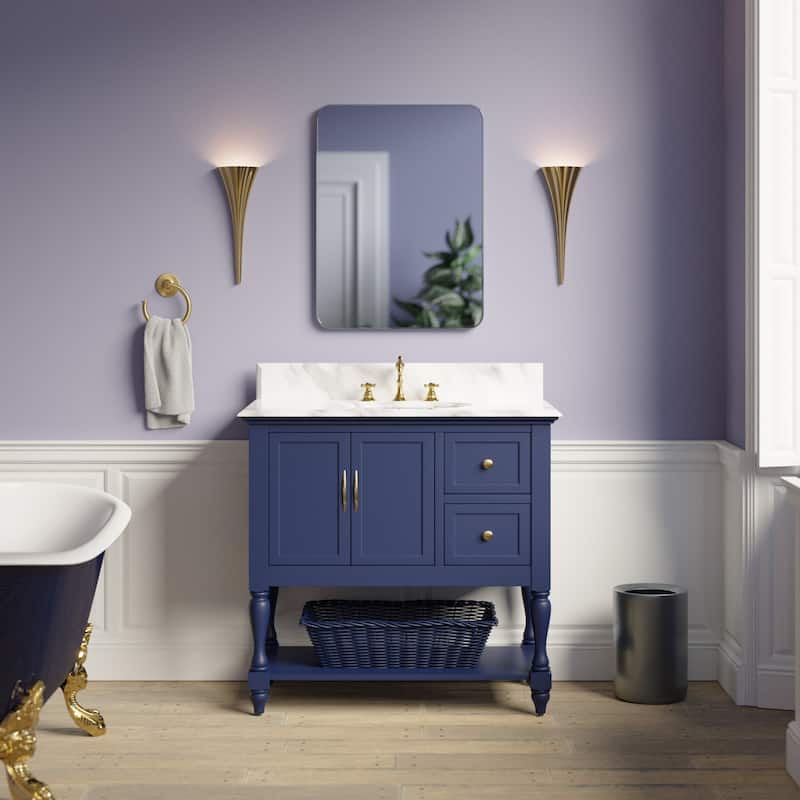 KitchenBathCollection Beverly 36" BathroomVanity w/ Carrara Marble Top - Royal Blue