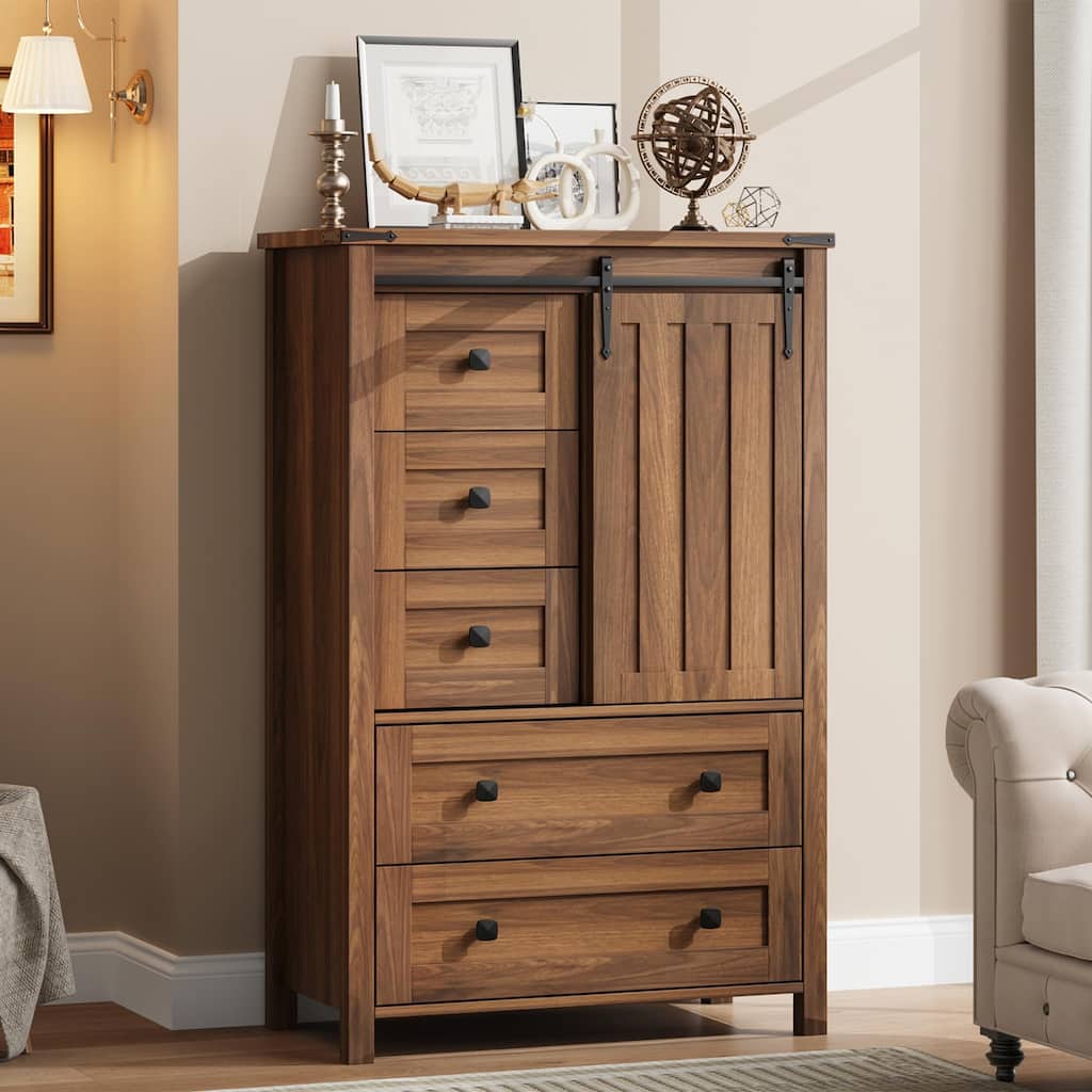 Farmhouse 5 Drawer Dresser for Bedroom, 48" Tall Wood Dresser Chest of Drawer with Sliding Barn Door