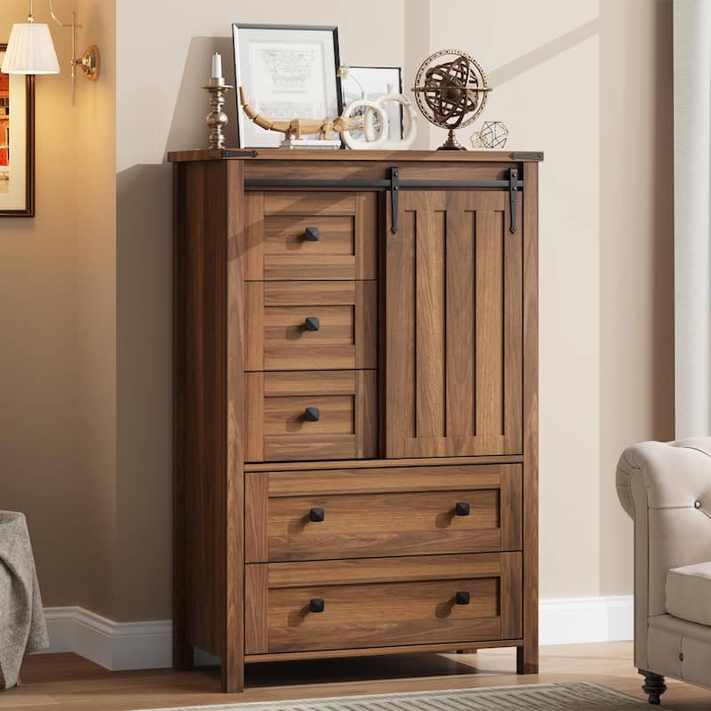 Farmhouse 5 Drawer Dresser for Bedroom, Wood Chest with Sliding Barn Door, Adjustable Shelf - Brown