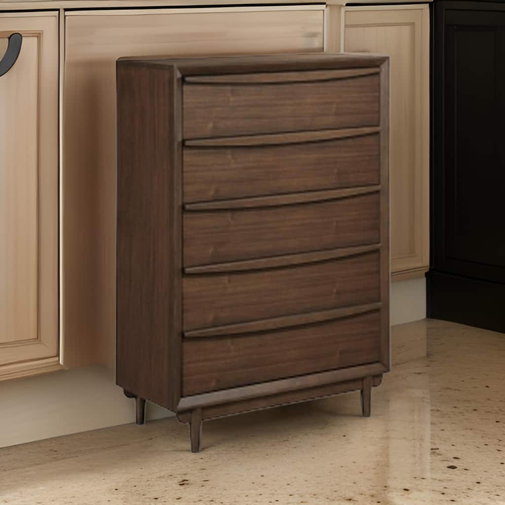 Soly 52 Inch Tall Dresser Chest, 5 Drawers, Lip Pull Handles, Walnut Brown