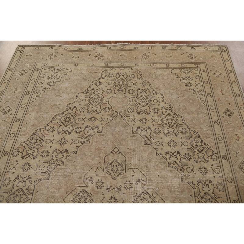 Distressed Tabriz Persian Vintage Rug Handmade Beige Wool Carpet - 6'5" x 9'5"