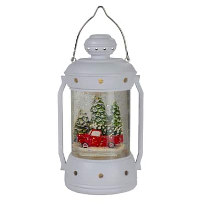 9" White Lantern Christmas Snow Globe with Red Truck and Trees