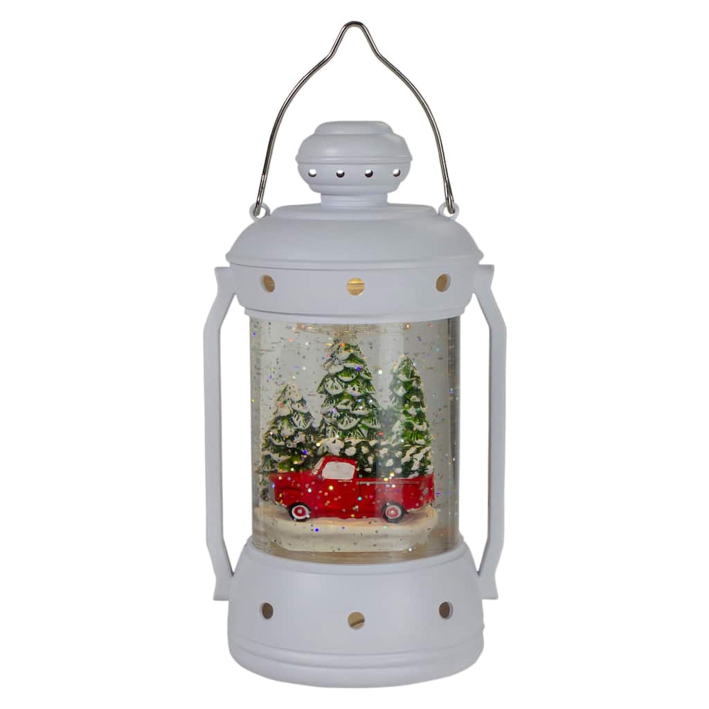 9" White Lantern Christmas Snow Globe with Red Truck and Trees