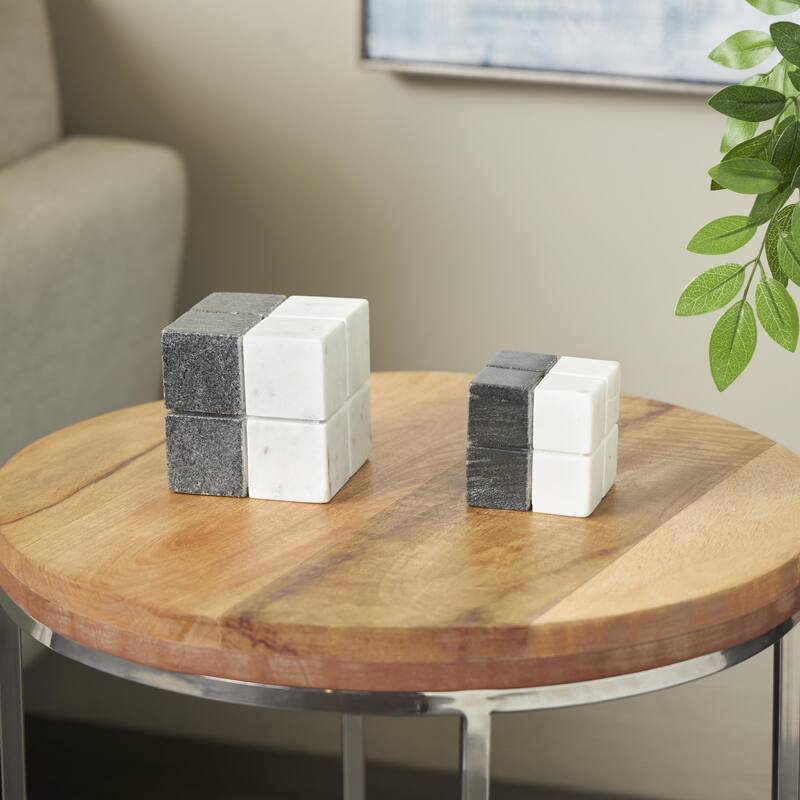 White Marble Dice Geometric Decorative Sculpture with Black Accent (Set of 2) - White