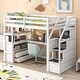 preview thumbnail 2 of 10, White Loft Bed with Side Storage Stairs, L-shape Desk Underneath Built-in 2 Large Drawers, Shelves, Twin Size Loft Storage Bed
