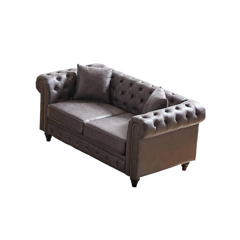 63.5" Contemporary Chesterfield Sofa, Tech Fabric, Button Tufted, 2 Pillows, Grey