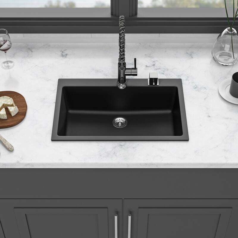 33" Drop-In Single Bowl Quartz Kitchen Sink in Black - 33'' x 19'' x 9.65'' - Black - 33'' x 19'' x 9.65''