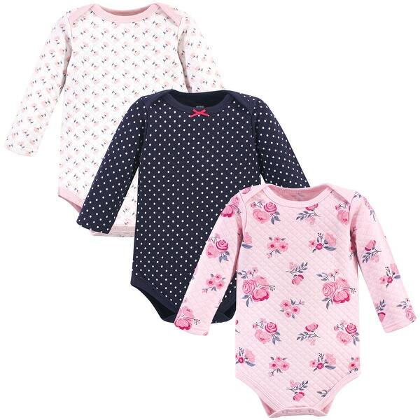 slide 1 of 1, Hudson Baby Infant Girl Quilted Long-Sleeve Cotton Bodysuits 3pk, Pink Navy Floral 0-3 Months - Pink Navy Floral