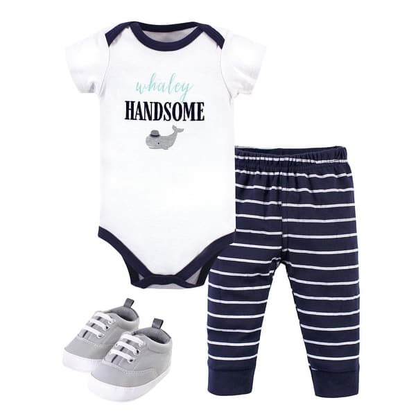 slide 1 of 1, Little Treasure Baby Boy Cotton Bodysuit, Pant and Shoe 3pc Set, Whaley Handsome 0-3 Months - Whaley Handsome
