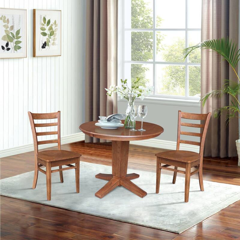 36 in Round Extension Dining Table with 12 in Leaf and Dining Chairs - Distressed Oak