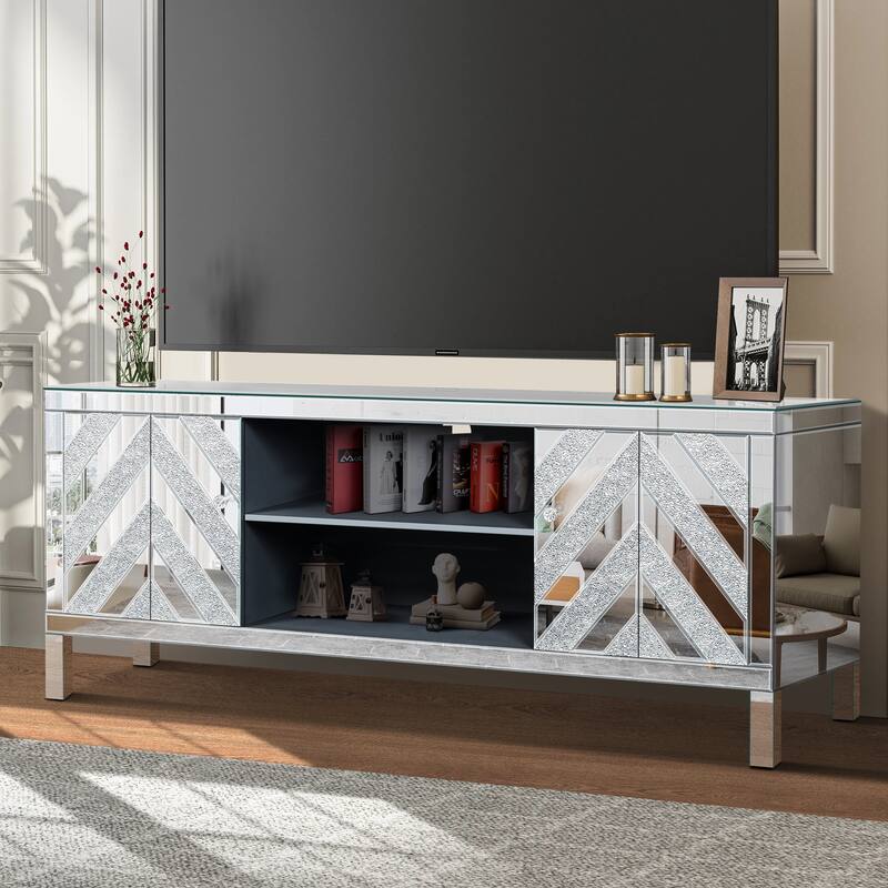Mirrored TV Stand for 65+ inch TV,Sliver TV Console Table with Open Storage & 2 Storage Cabinets for Living Room