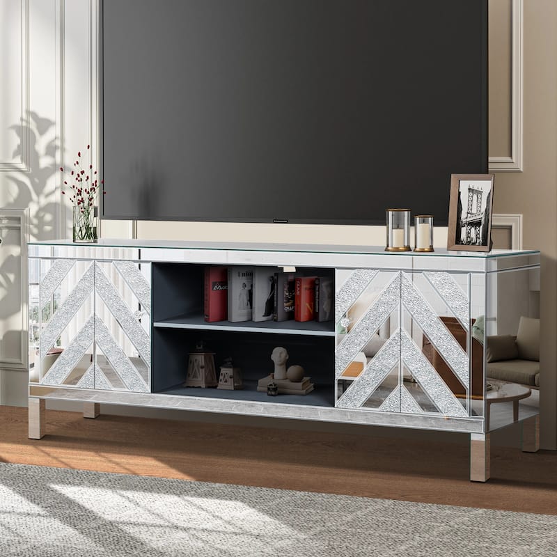 Silver 59" TV Stand with M-Shape Mirror Doors & Storage for TVs Up to 65"