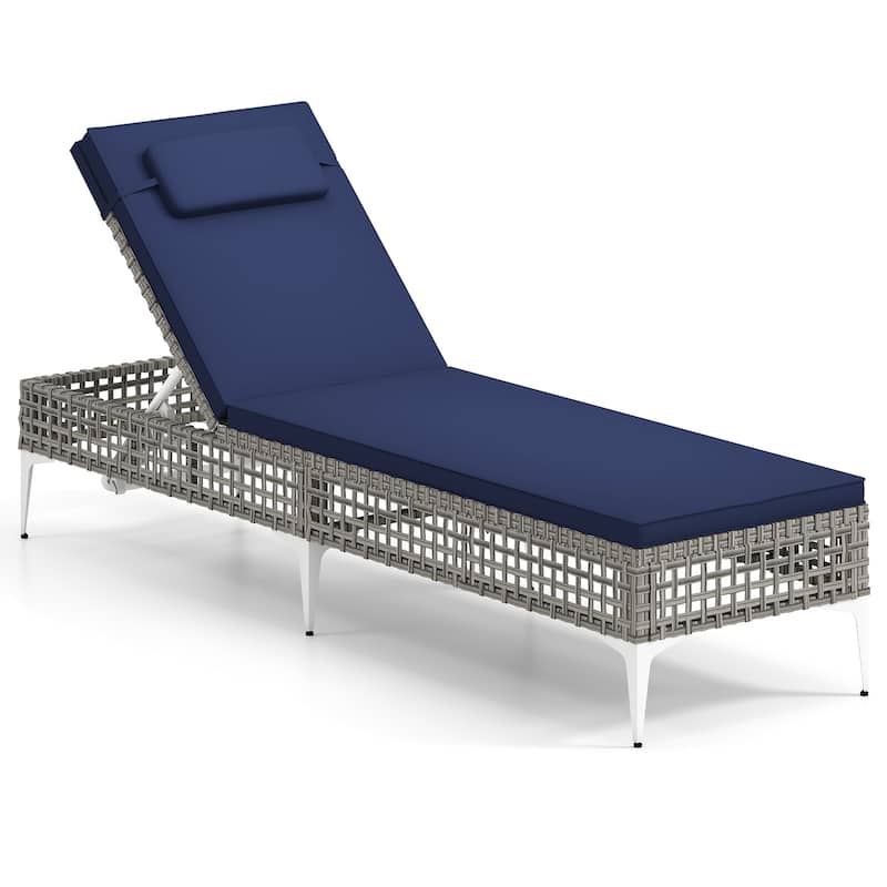 Mixed Grey Rattan Chaise Lounge Chair with Navy Blue Cushion, Adjustable Backrest - 76.5" x 21.5" x 12.5" - Navy Blue-Grey