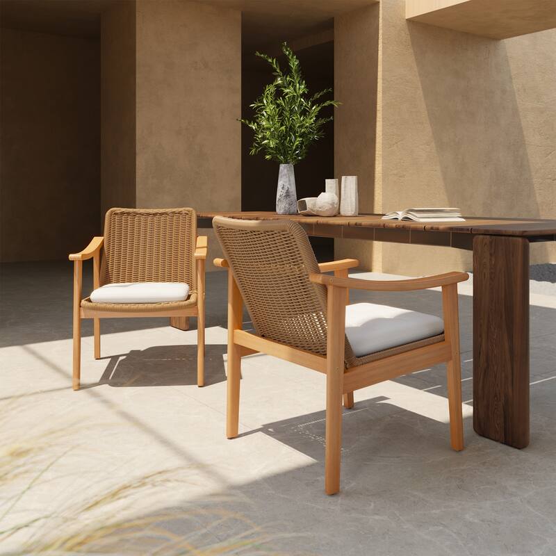 Outdoor Farmhouse Rattan Dining Chairs in Solid Acacia Wood Armchairs Weaving PE wicker Weather-resistant - 2-piece Natural & Brown