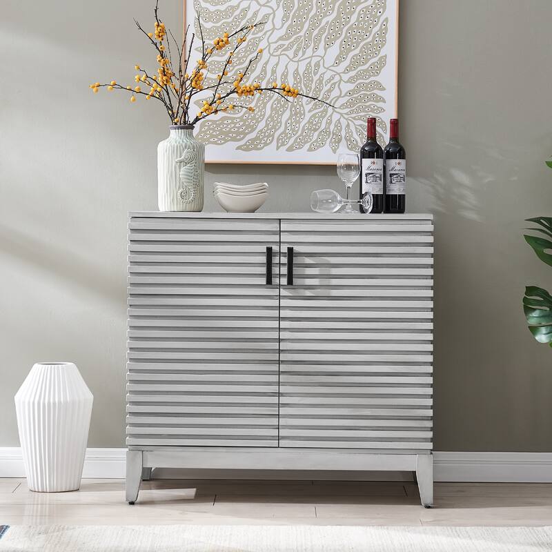 Morden Fort Wood Sideboard Storage Buffet Cabinet with 3D Stripes Doors - White
