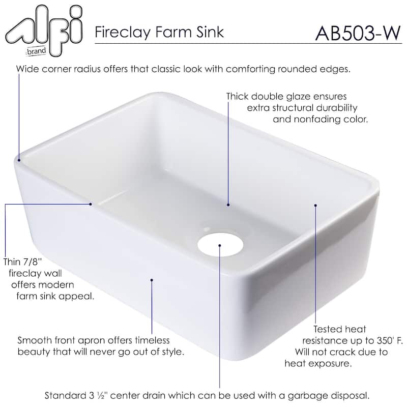 ALFI AB503-W White Fireclay 23-inch Single Bowl Farmhouse Kitchen Sink