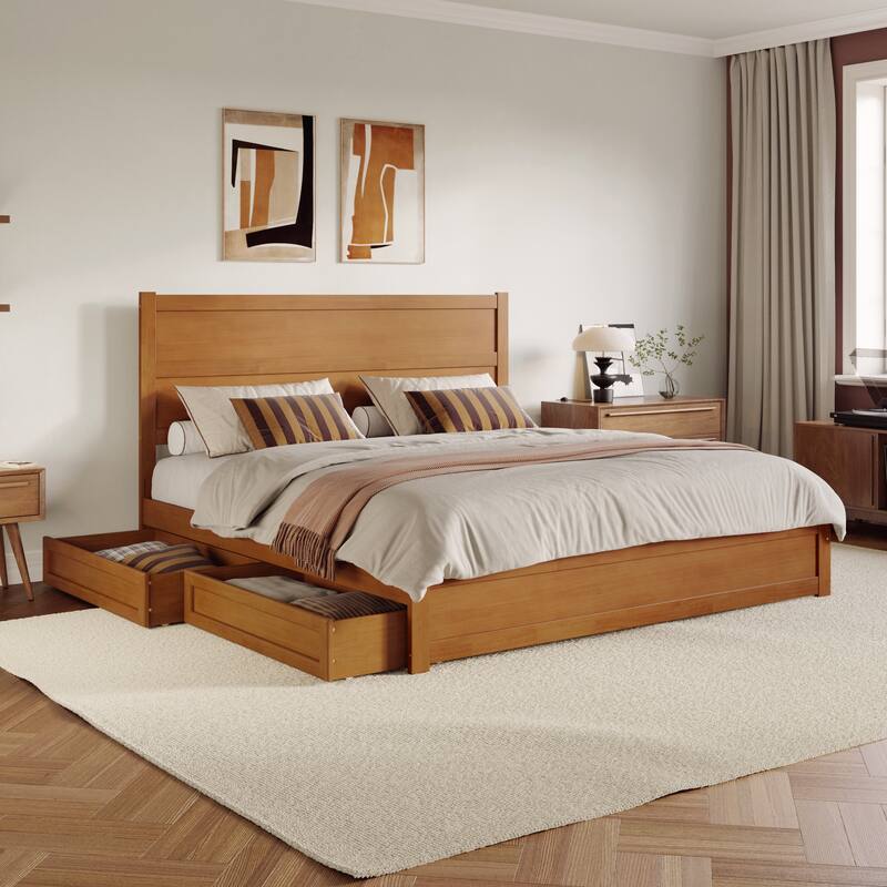 Aveline Wood Platform Bed with Matching Footboard & Storage Drawers - King - Light Toffee