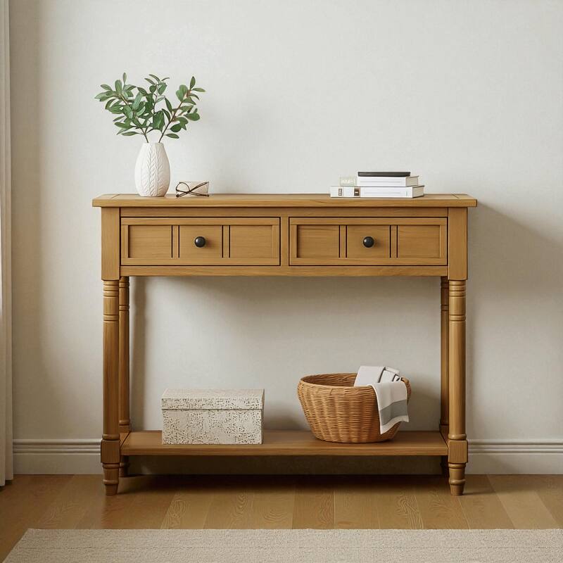 Daisy Series Traditional Console Table with 2 Drawers and Bottom Shelf, Solid Pine Wood Entryway Accent Table - Natural