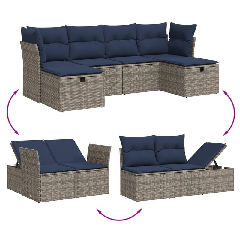 vidaXL 6 Piece Patio Sofa Set with Cushions Gray Poly Rattan - 21.7" x 24.4" x 27.2"