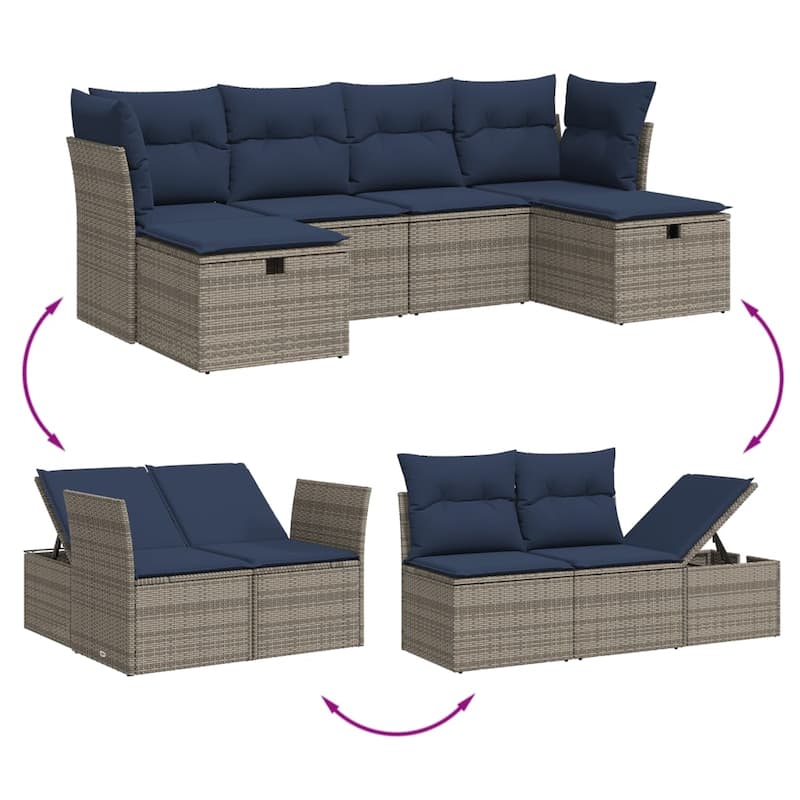 vidaXL Patio Sofa Set with Cushions Outdoor Furniture 6 Piece Poly Rattan - 21.7" x 24.4" x 27.2"